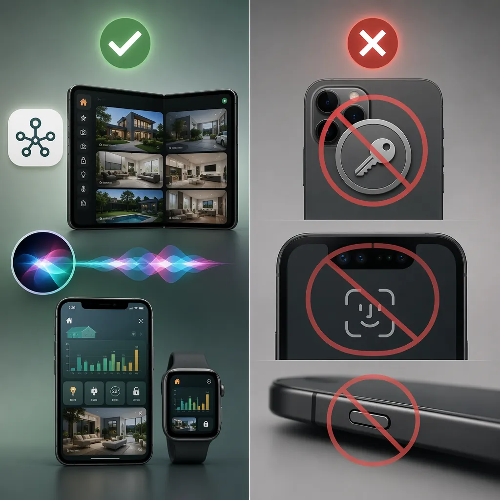 Comparison of foldable iPhone HomeKit gains including Thread, large display, Siri, and Home app features against losses including MagSafe, Face ID, and Action Button