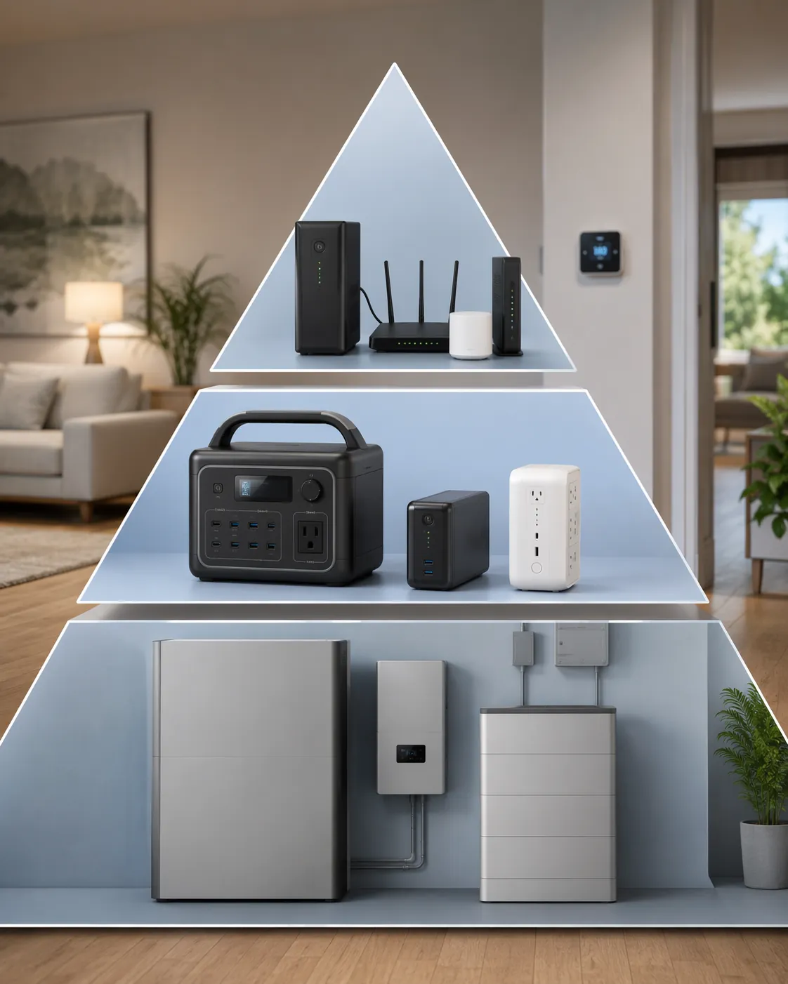 Three-tier smart home backup power setup with a UPS, portable power stations, mini-UPS unit, and whole-home battery system