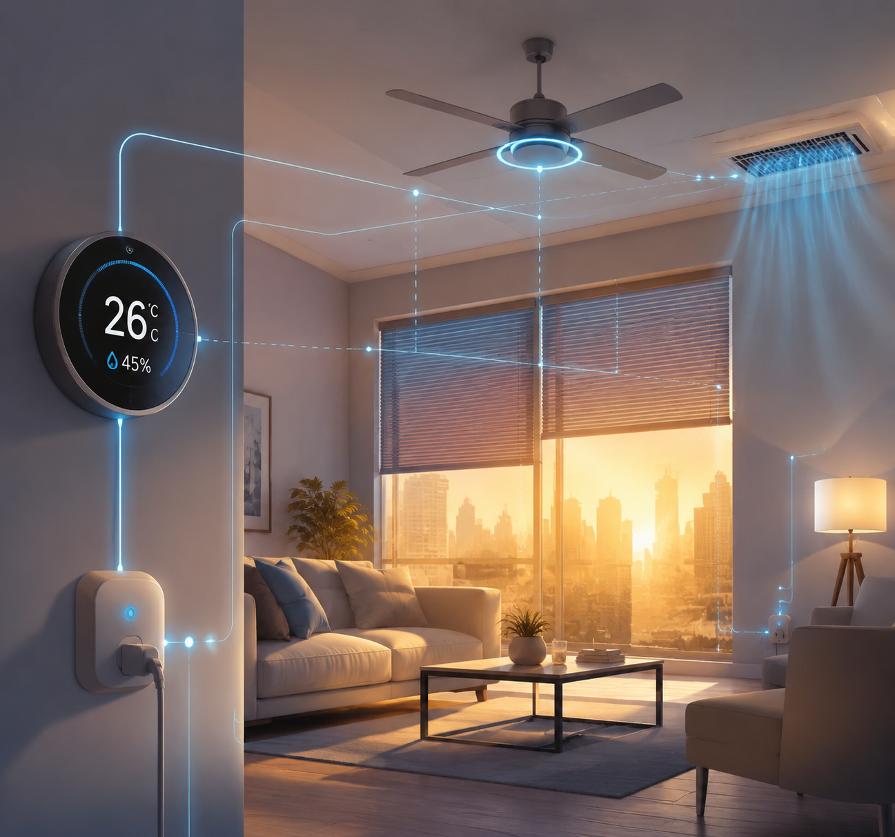 Living room with smart thermostat, smart blinds, fan, AC vent, and smart plugs connected by automation lines during a heat wave
