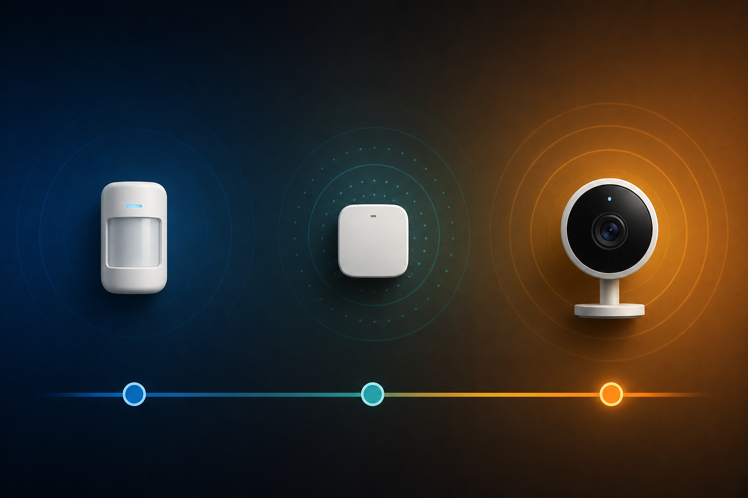 Three sensor icons showing PIR, mmWave radar, and camera across a blue-to-amber gradient representing increasing privacy exposure