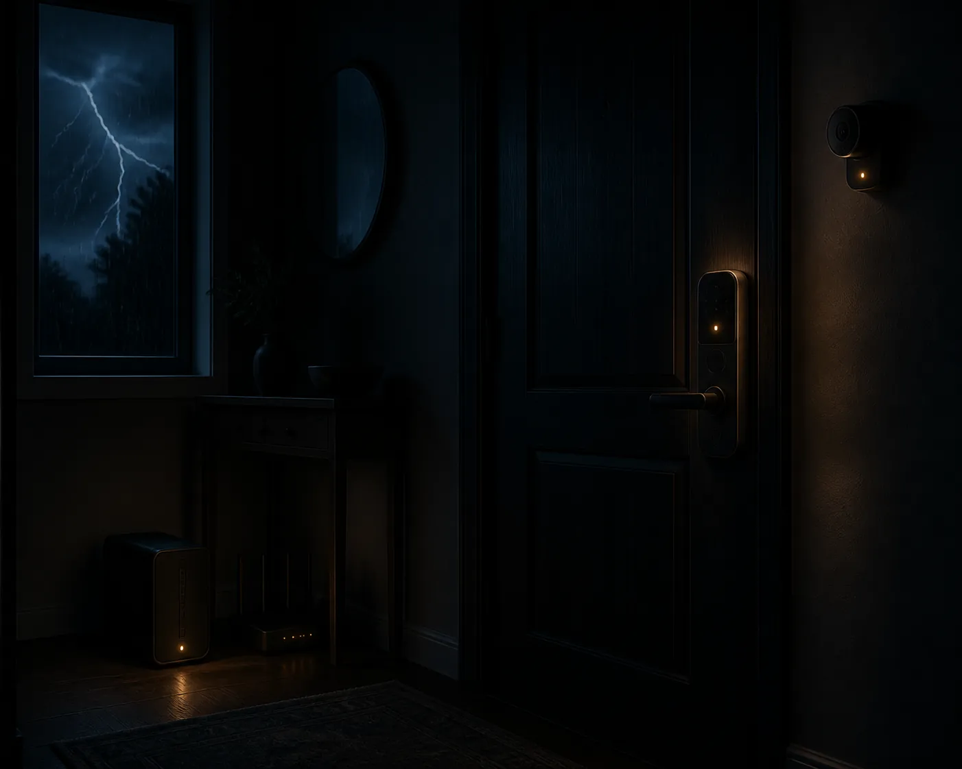Dark home entry hallway during a storm blackout with a smart lock, security camera, UPS, and router still showing status lights