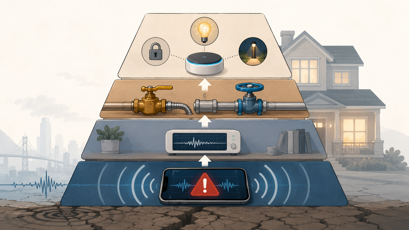 Four-layer home earthquake safety framework with phone alerts, seismic sensor, utility shutoff valves, and smart home automations