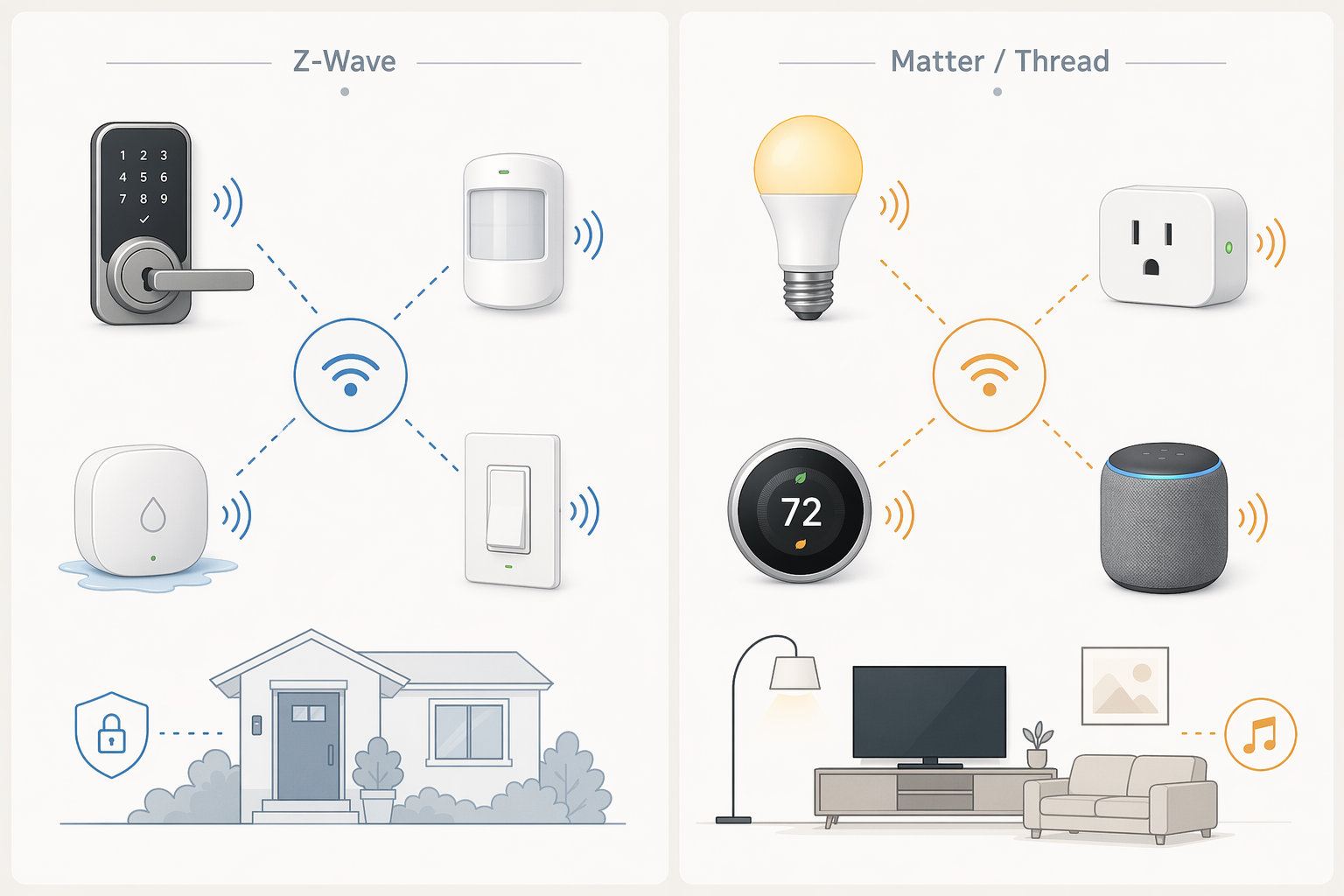 Comparison of Z-Wave devices on one side and Matter and Thread devices on the other