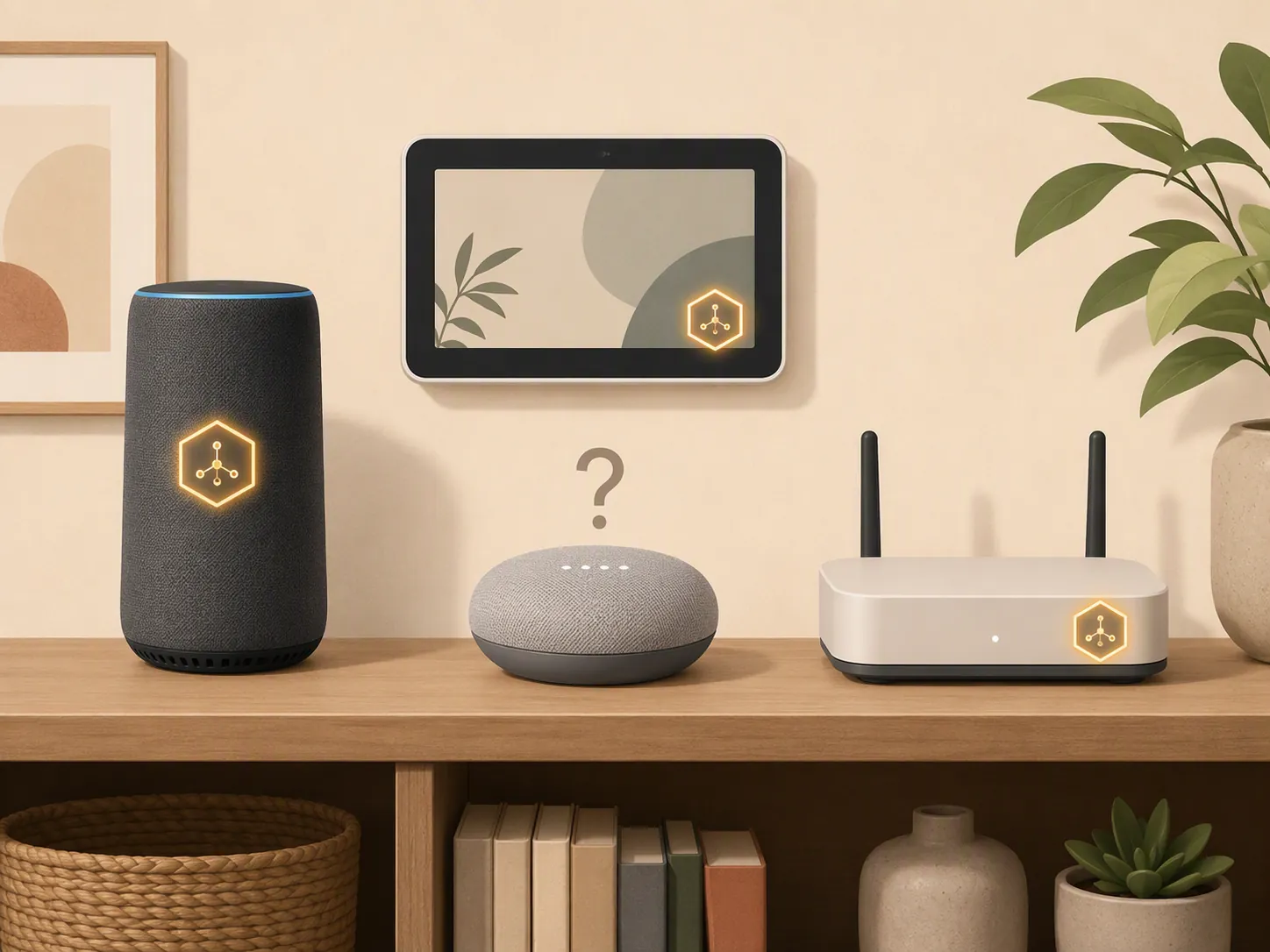 Lineup of smart home hubs with Zigbee badges and a compact speaker without a badge