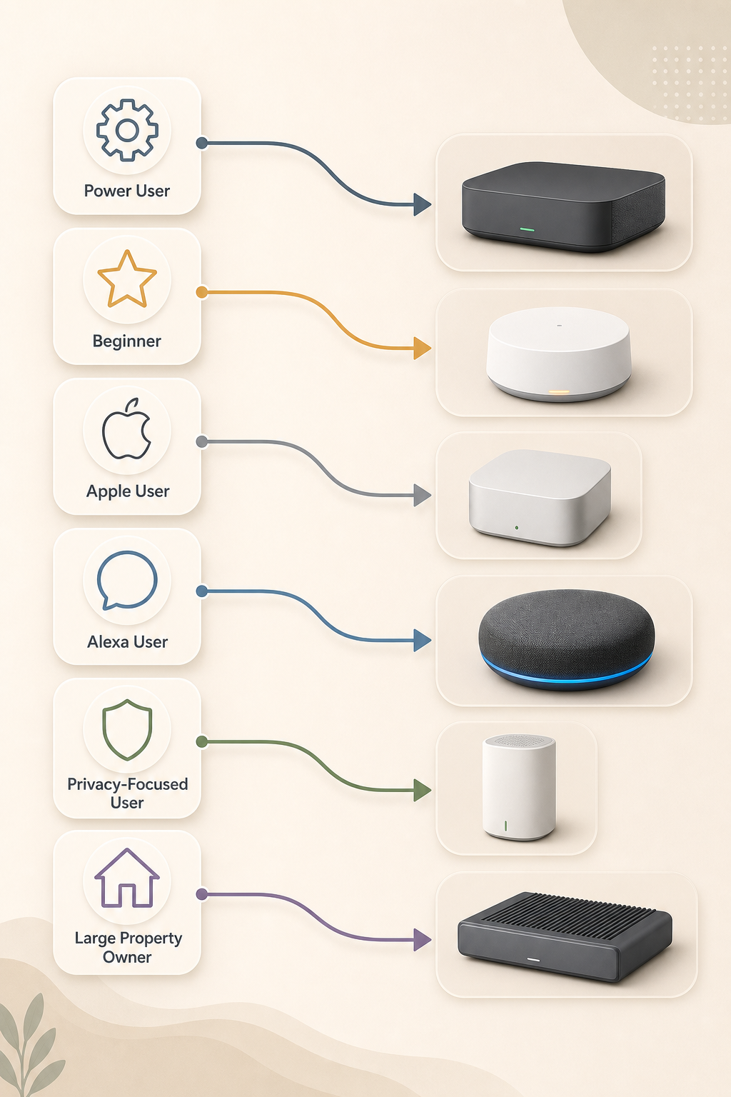 Decision guide illustration with user profile icons connected by flowing paths to abstract controller hub shapes.