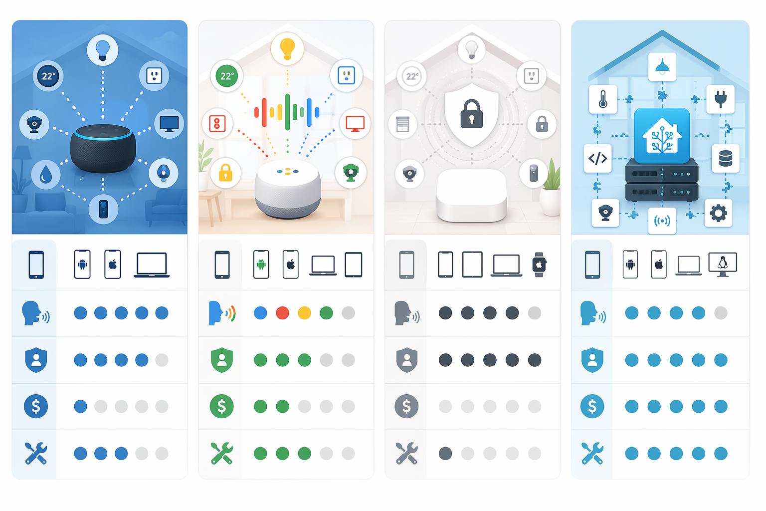 Four ecosystem pillars comparing Alexa, Google Home, Apple HomeKit, and Home Assistant across compatibility, voice, privacy, cost, and tinkering