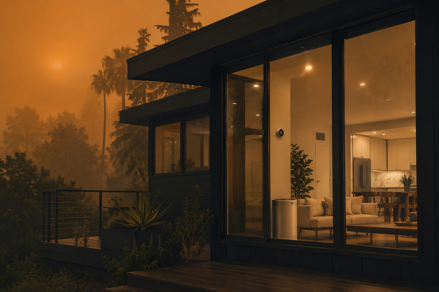 Modern home under hazy Code Purple sky with clean light inside