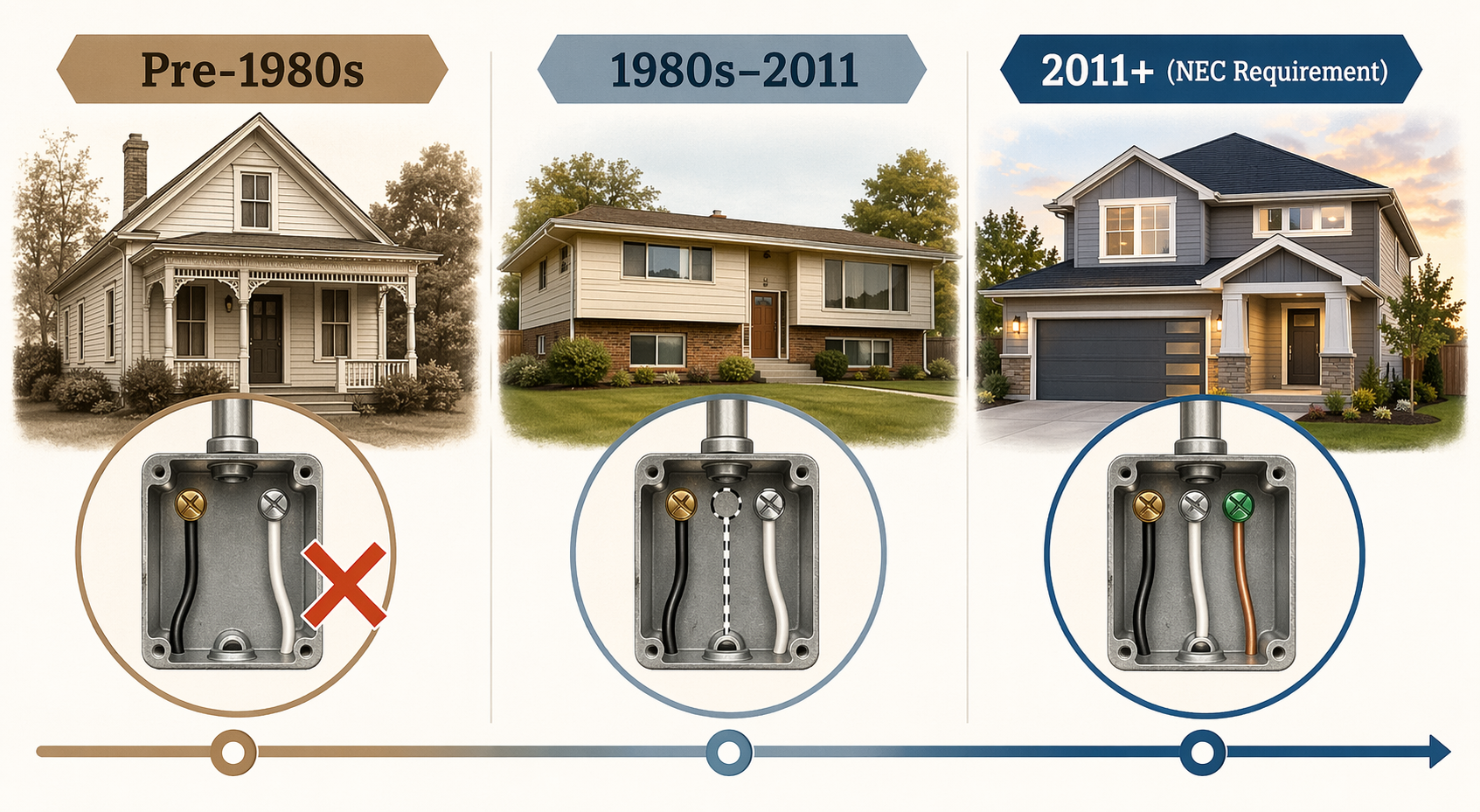 Horizontal infographic dividing US home construction into three eras: Pre-1980s with a vintage house silhouette and two-wire electrical box, 1980s–2011 with a mid-century house silhouette and dashed neutral wire indicator, and 2011+ showing a modern house silhouette with a complete electrical box. Clean whites, warm grays, accent blue.