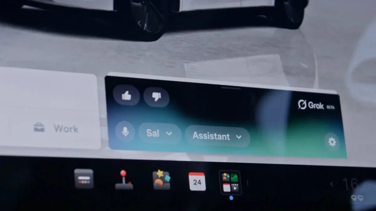 Tesla touchscreen showing the Grok voice assistant interface with vehicle-control options