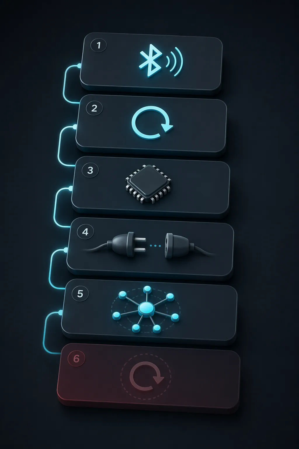Infographic ladder showing Bluetooth, restart, firmware, unplugging, Thread mesh, and reset as an ordered recovery sequence