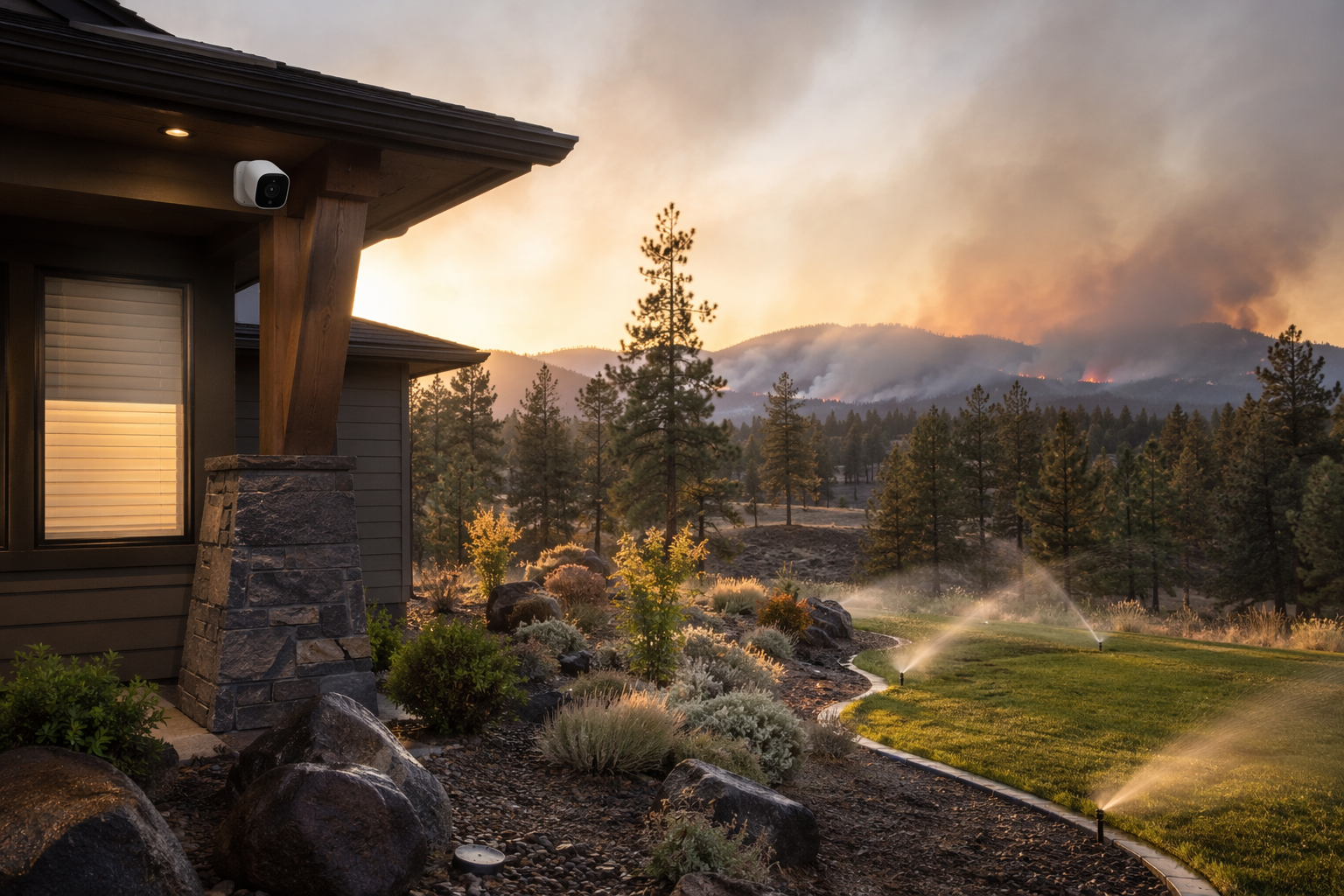 Eastern Washington home using sprinklers, cameras, and smart blinds during smoky wildfire conditions