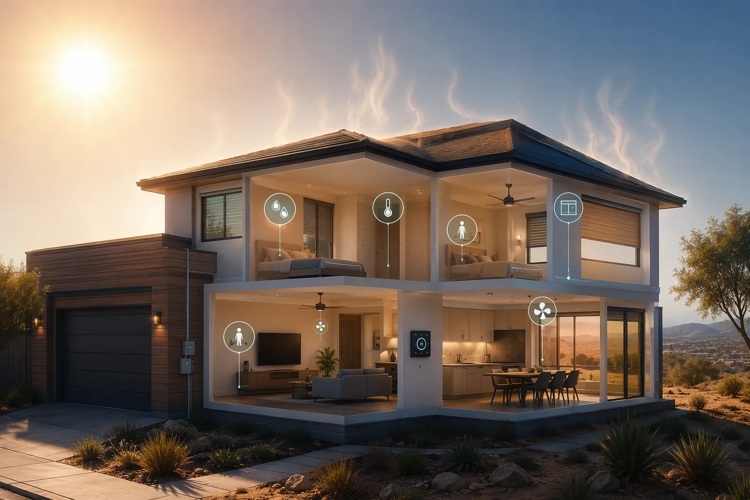 Cross-section of a modern home under intense summer sun with smart sensors, thermostat, automated blinds, and fans monitoring heat