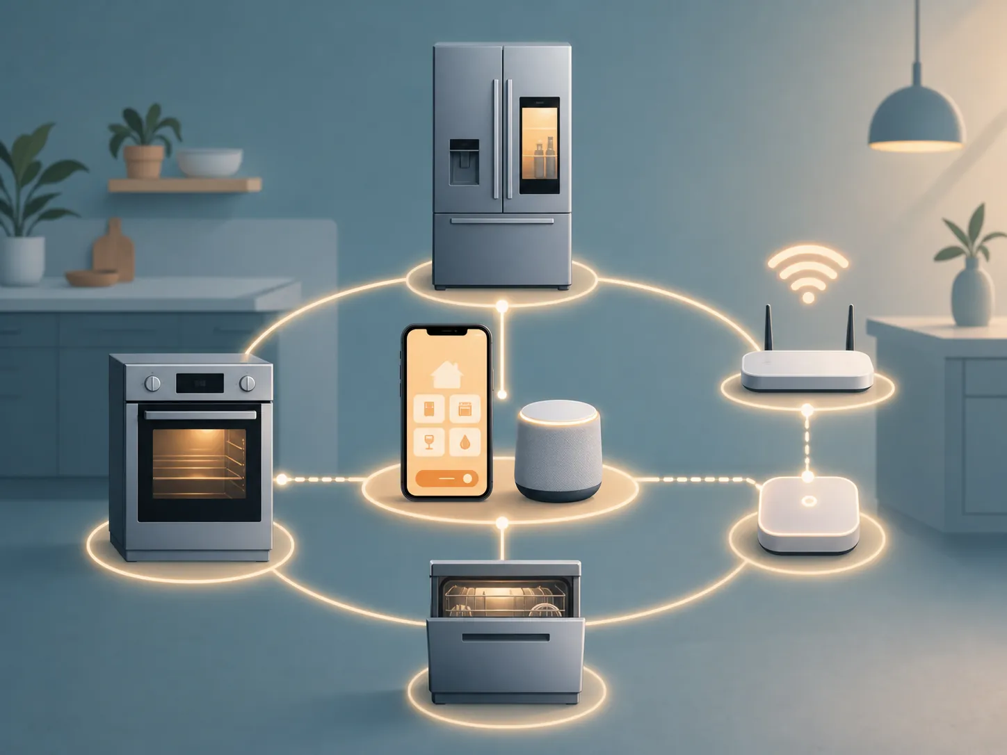 A connected kitchen ecosystem with a phone, voice assistant speaker, router hub, refrigerator, oven, and dishwasher