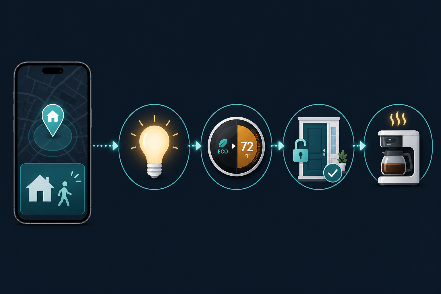 Flow diagram of an arrival automation: smartphone geofence alert triggers lights, thermostat, door lock, and coffee maker.