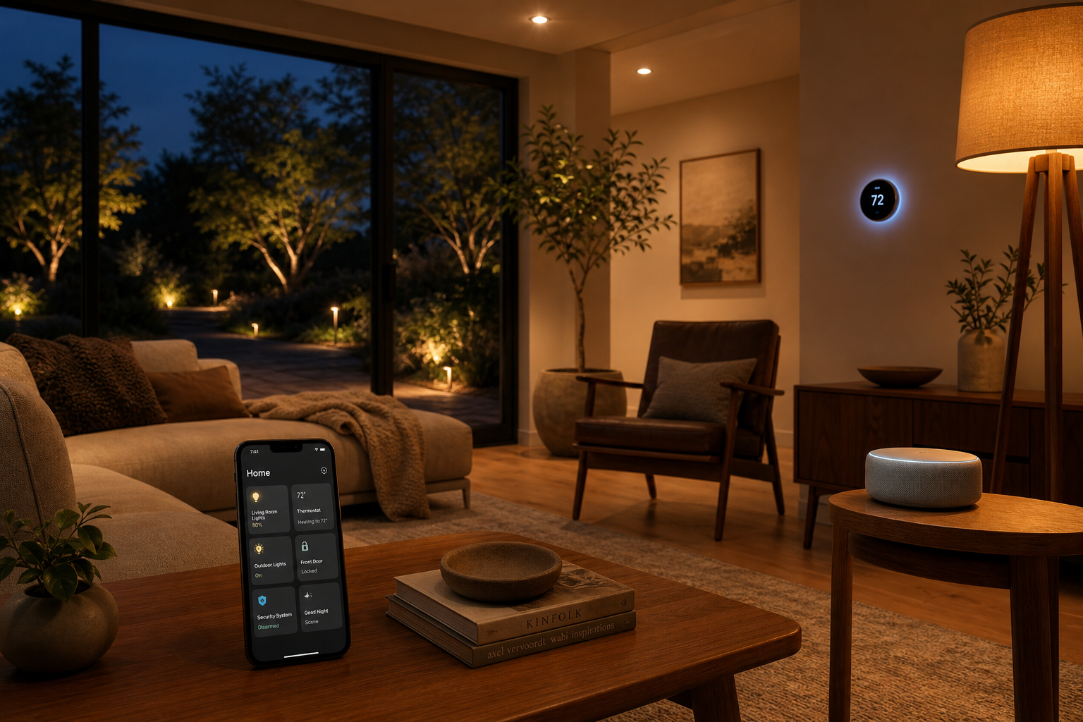 A warm modern living room at twilight with amber-toned smart recessed lighting, a smart speaker on a side table, a glowing smart thermostat on the wall, outdoor path lights visible through a window, and a smartphone showing an automation dashboard on a wooden coffee table in the foreground