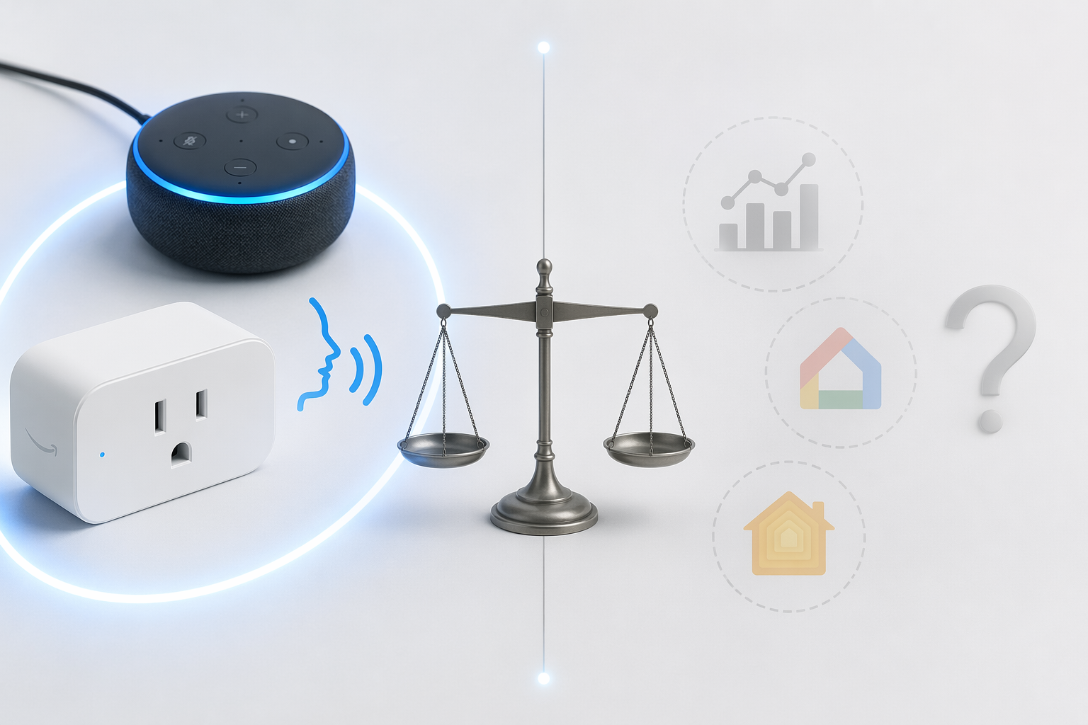 Flat-lay comparison of Amazon Smart Plug convenience against missing energy monitoring, Google Home, and Apple HomeKit support