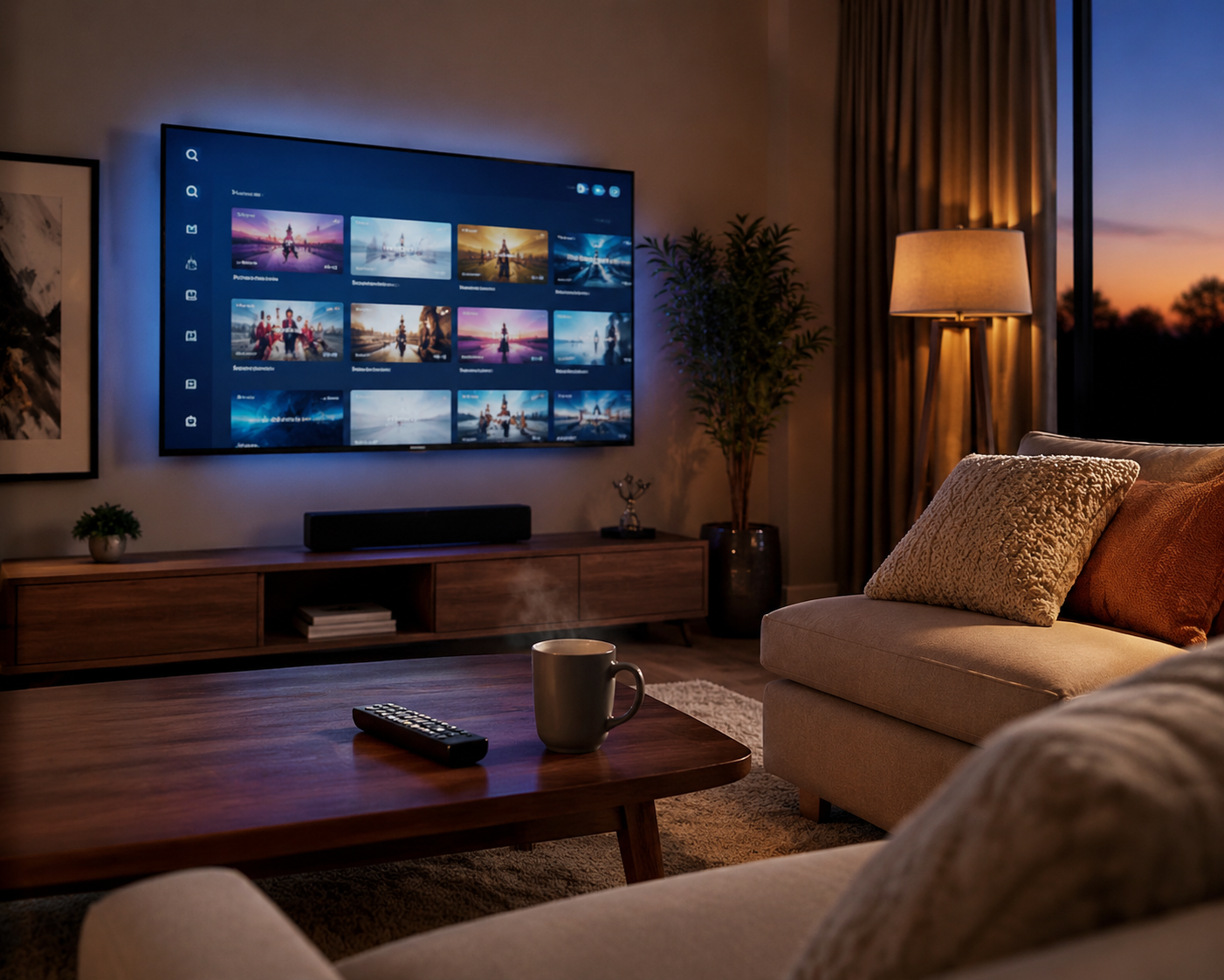 A cozy living room with a smart TV showing a streaming interface ready for movie night