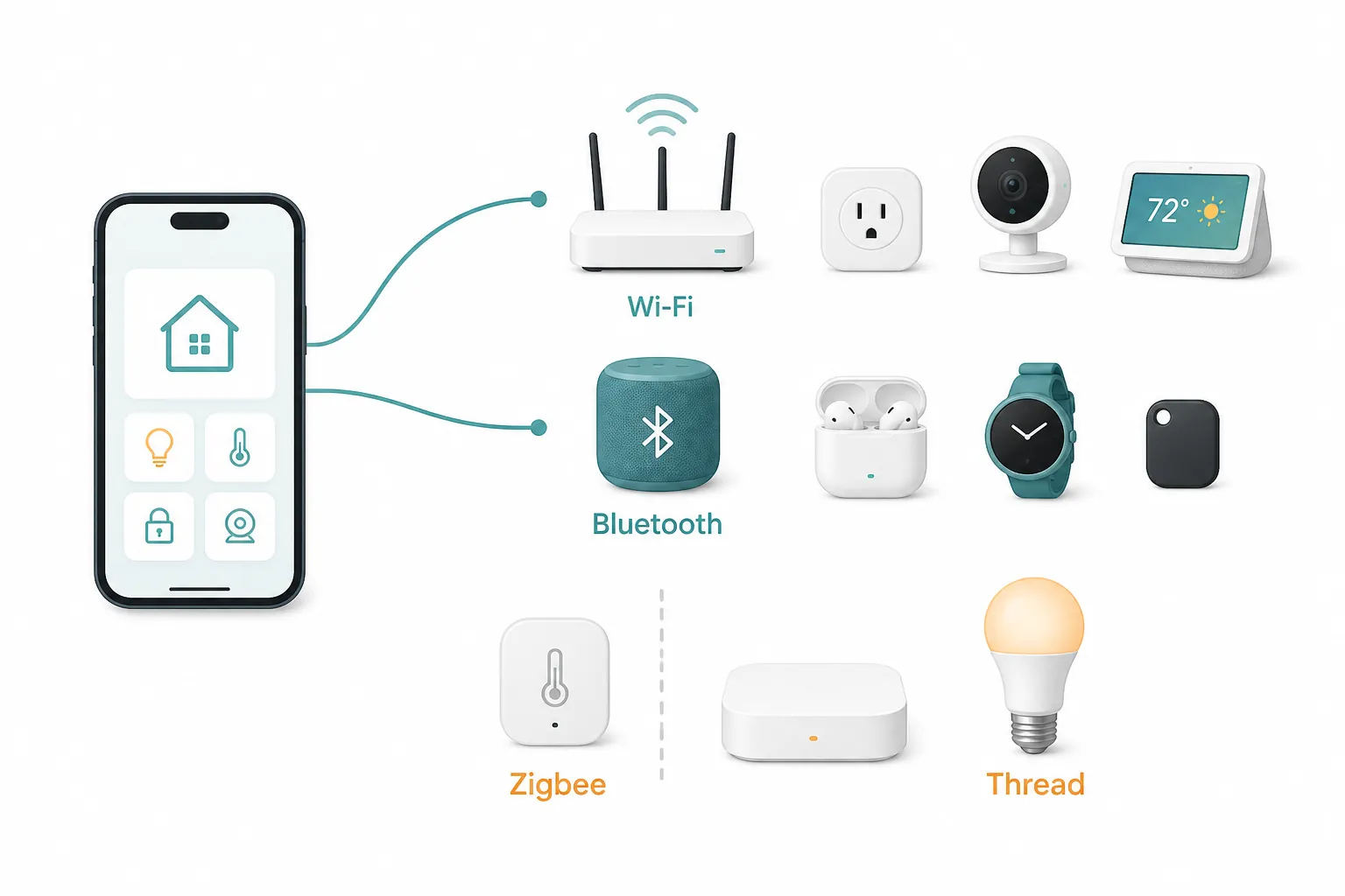 Diagram showing a smartphone connected to Wi-Fi and Bluetooth devices, while Zigbee and Thread devices remain behind a separate gateway