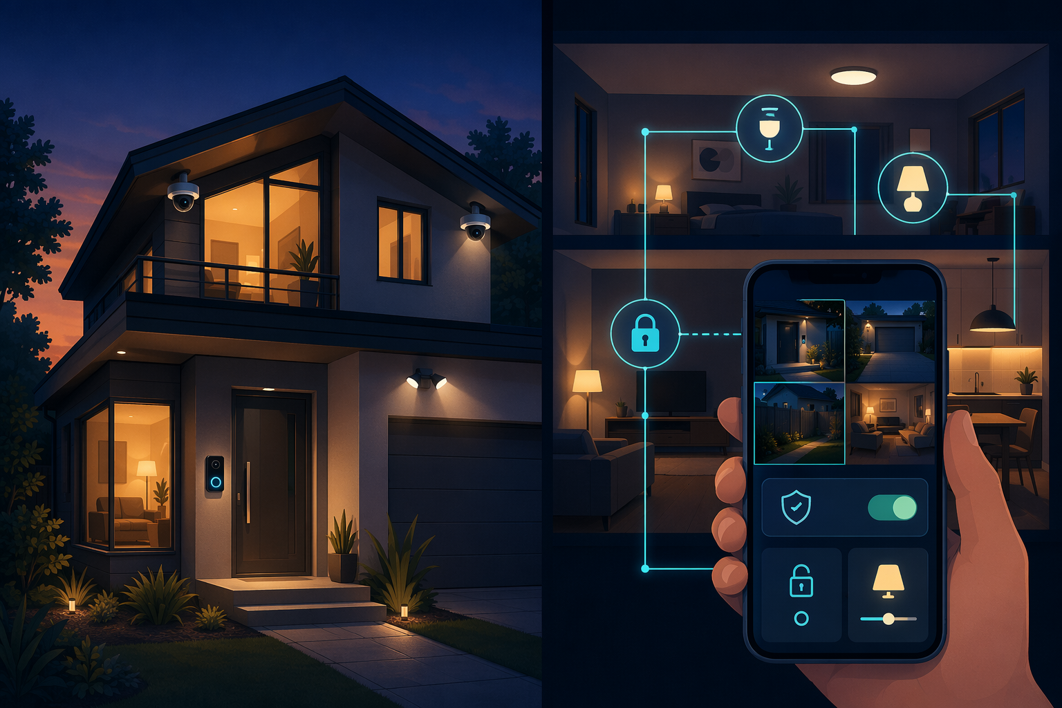 Split illustration: left side shows a modern house at dusk with security cameras, video doorbell, and motion lights; right side shows a smartphone dashboard with live camera feeds, arm/disarm status, and connected device icons linked by glowing lines.