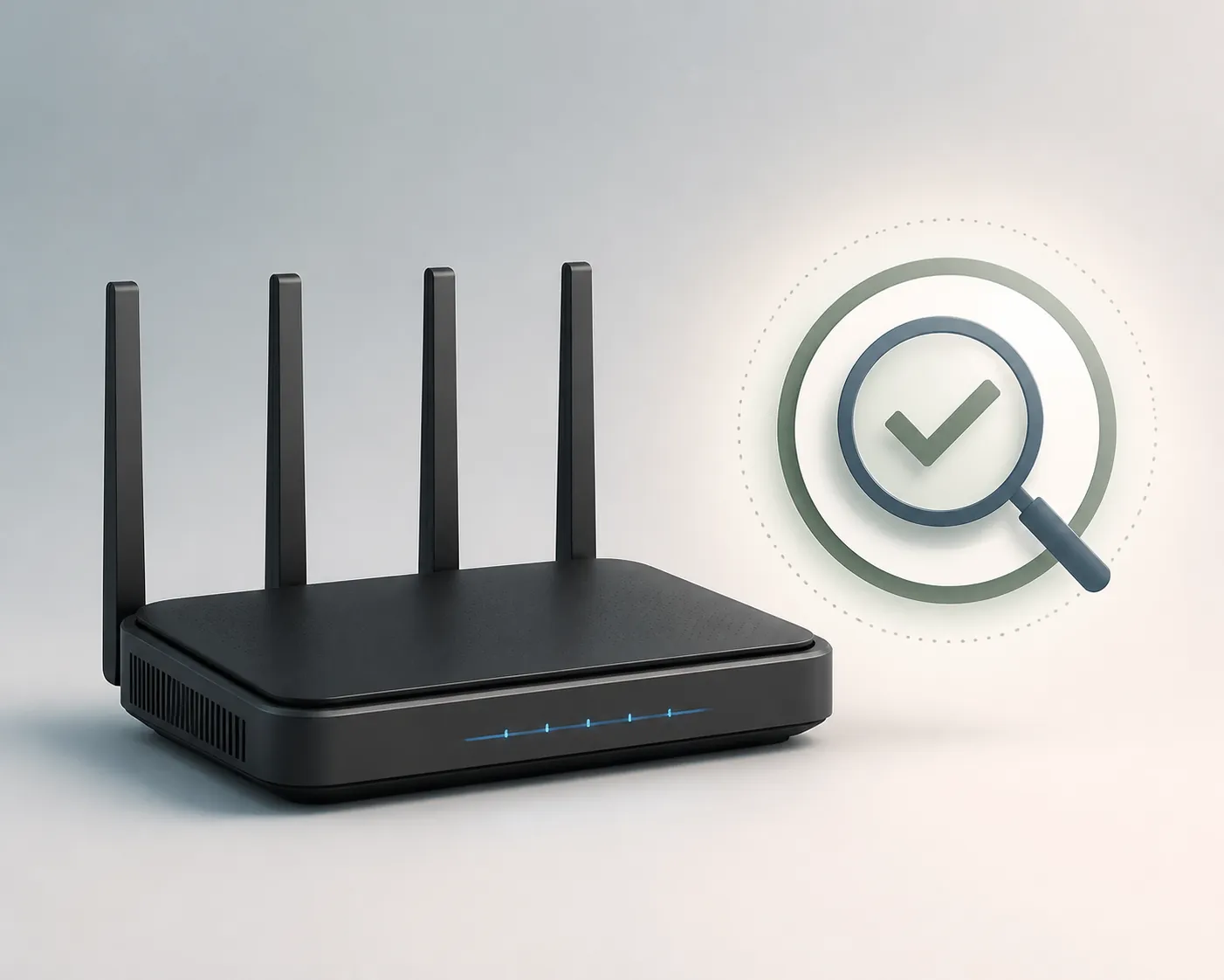 A generic Wi-Fi router beside a verification seal