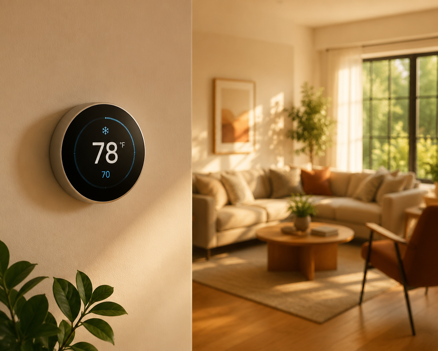 Smart thermostat set to 78 degrees in a sunny living room
