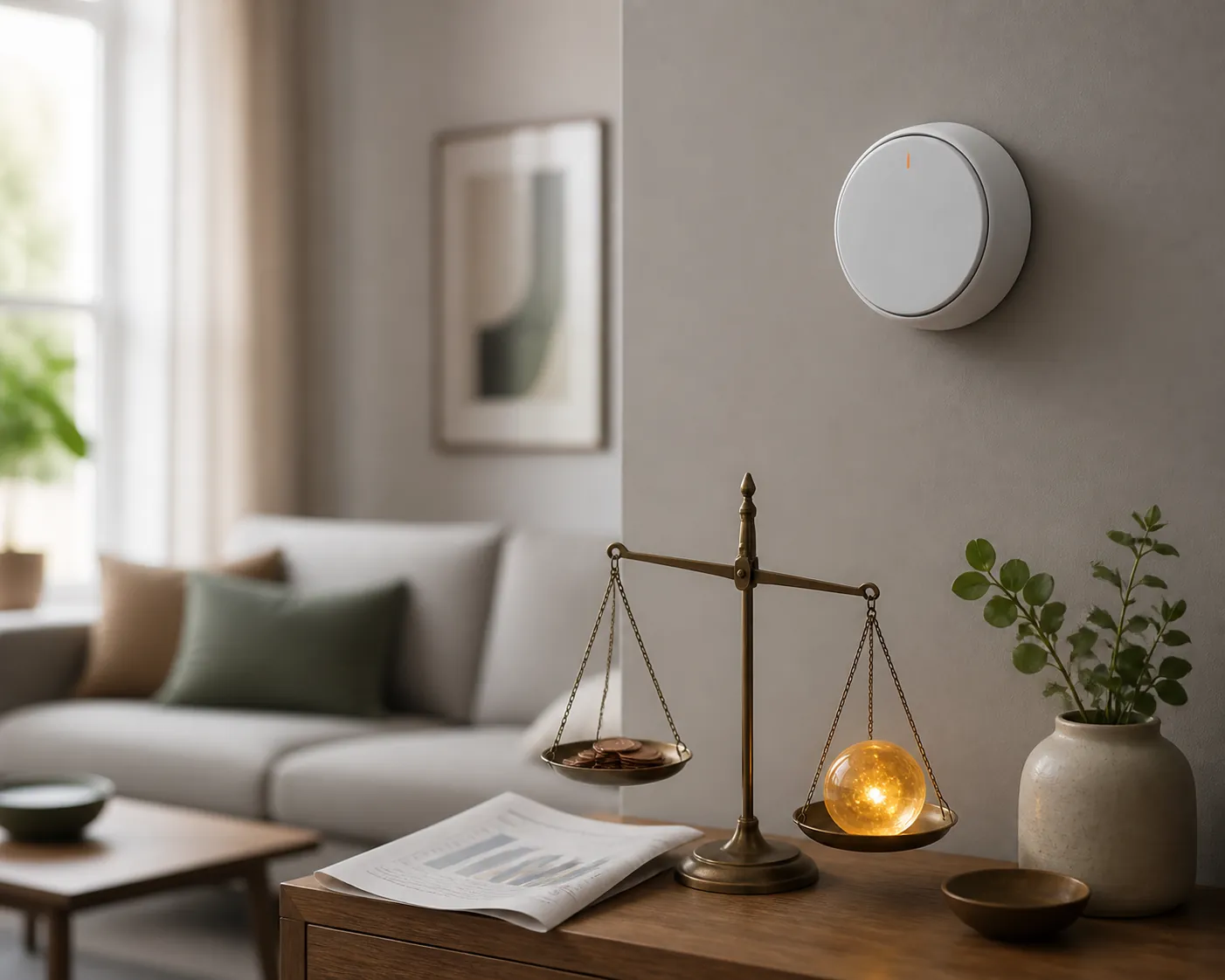 Smart thermostat beside a household energy bill, coins and a balance scale in a UK living room