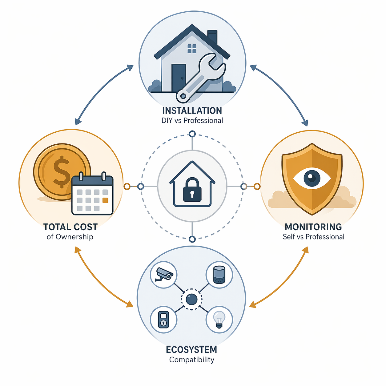 Four connected smart home security decisions shown as installation, monitoring, compatibility, and cost icons