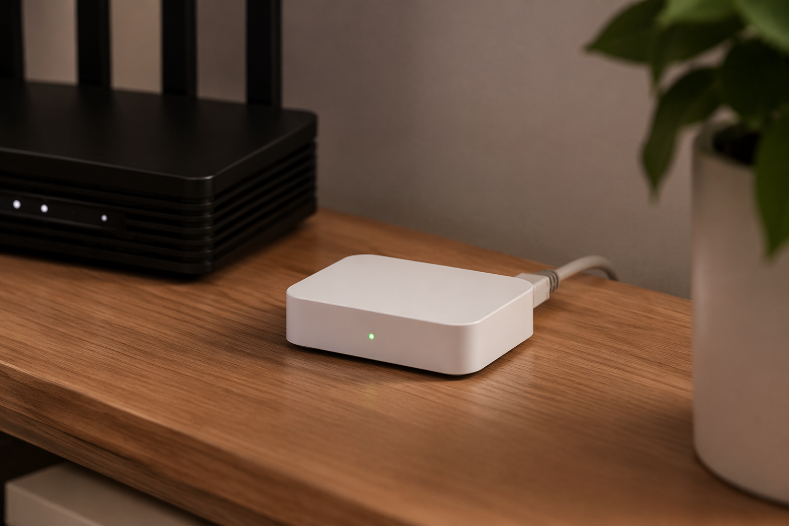 White Lutron Caséta Smart Hub connected by Ethernet next to a home router
