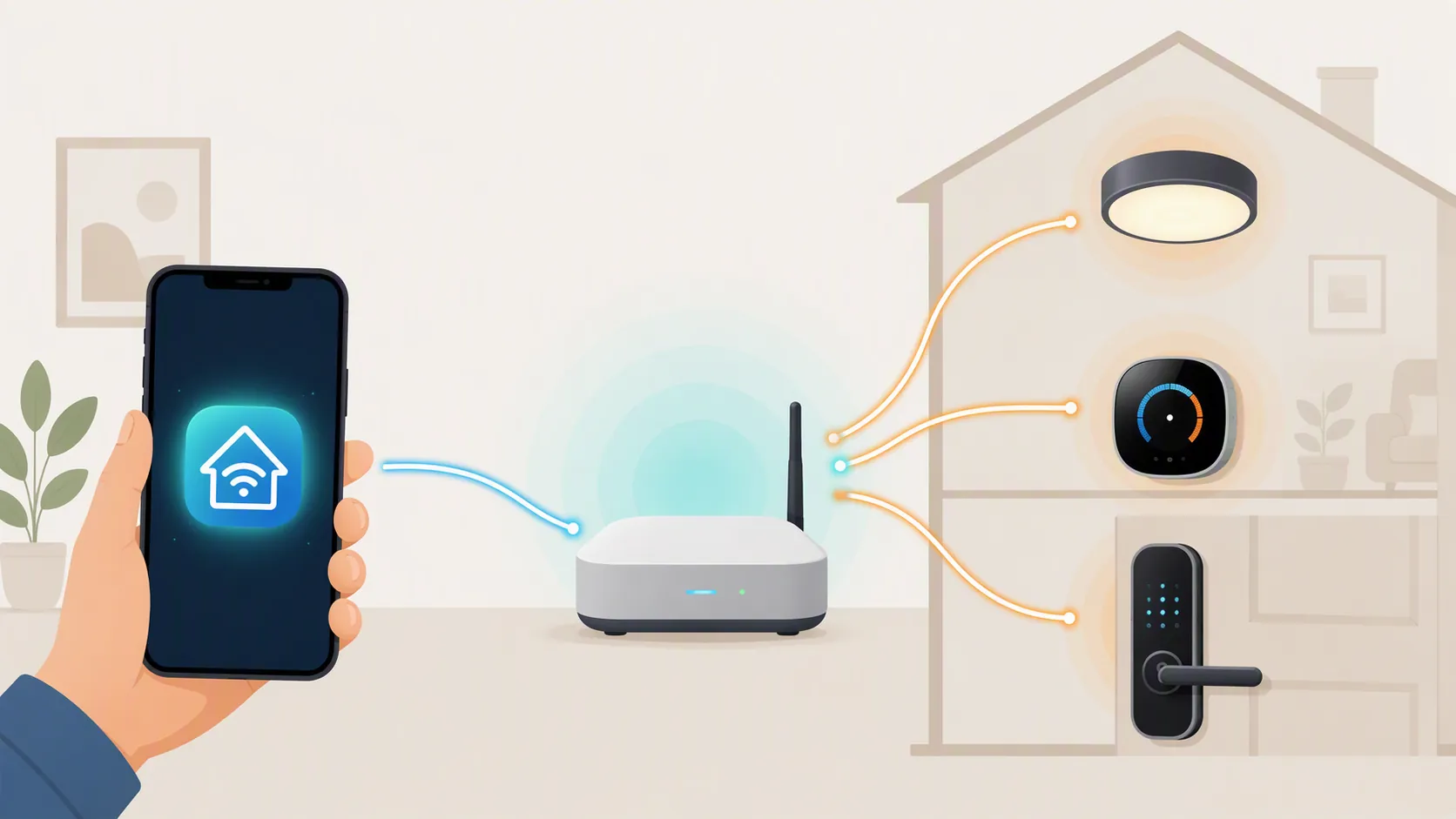 Home-network diagram showing a smartphone connecting through a separate hub or border router to Matter, Thread, Zigbee, and Z-Wave smart devices