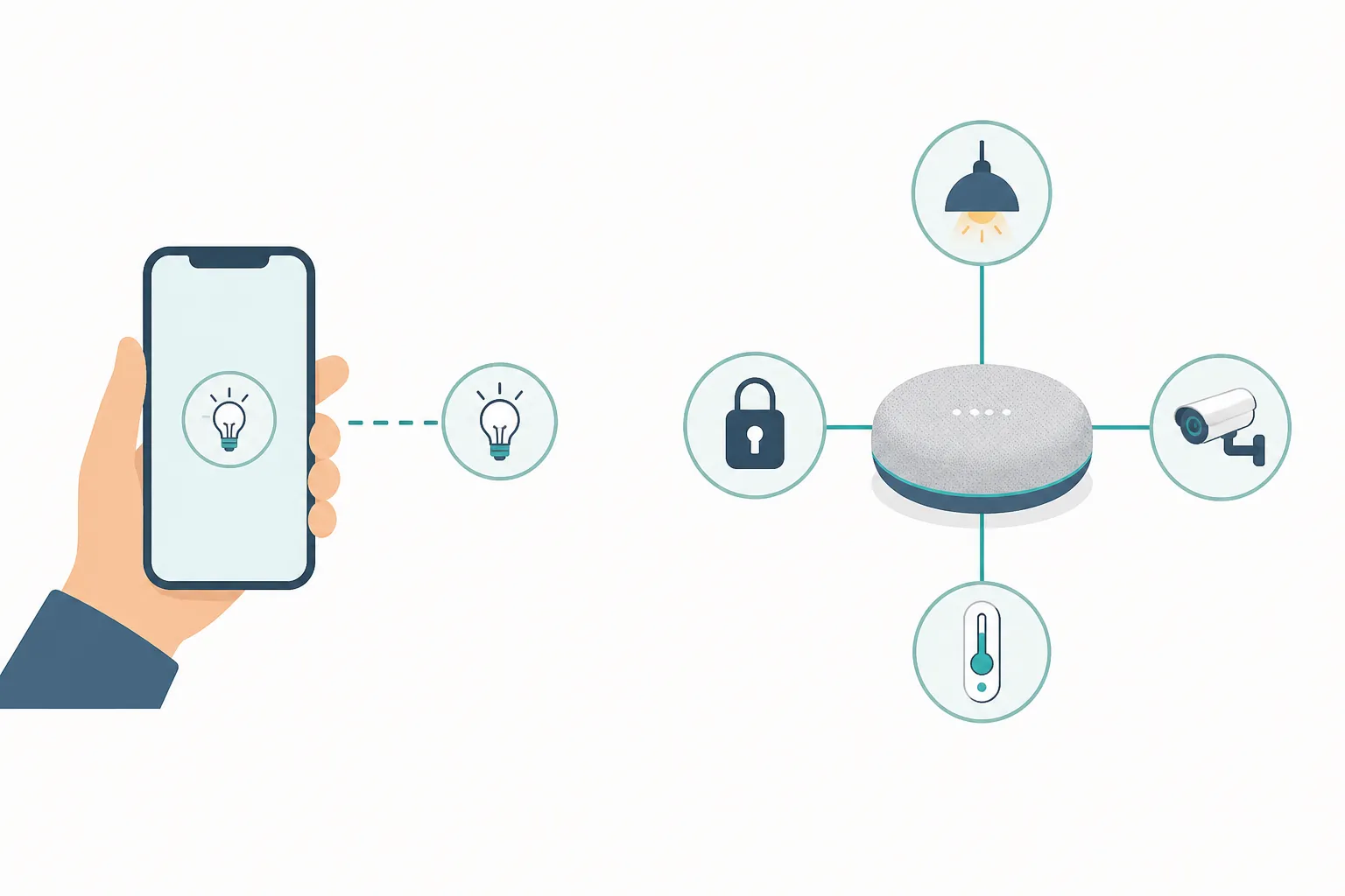 Diagram contrasting a smartphone used for local pairing with a smart-home hub connected to lights, locks, thermostat, and camera