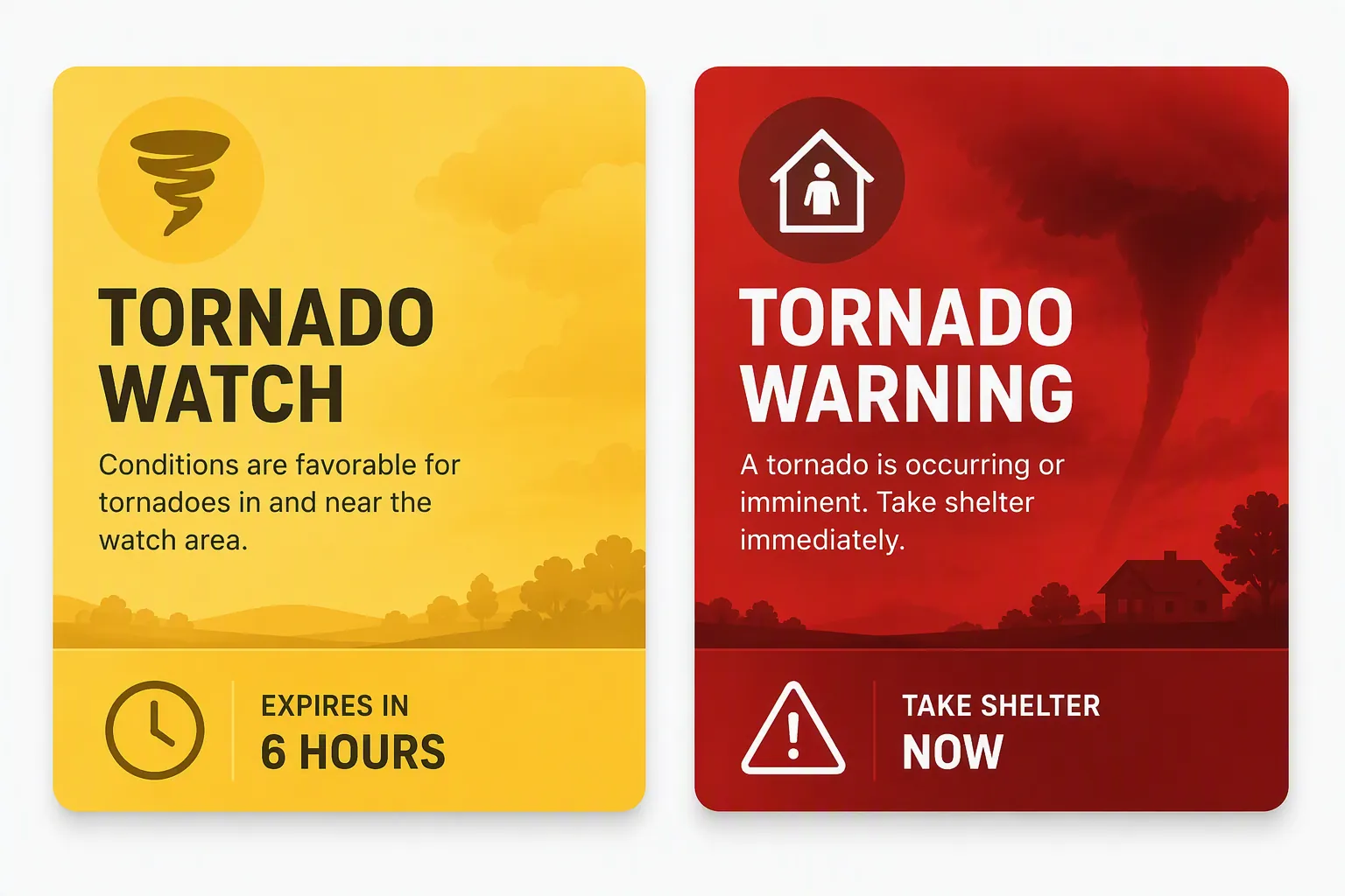 Two Home Assistant-style dashboard cards showing tornado watch and tornado warning states