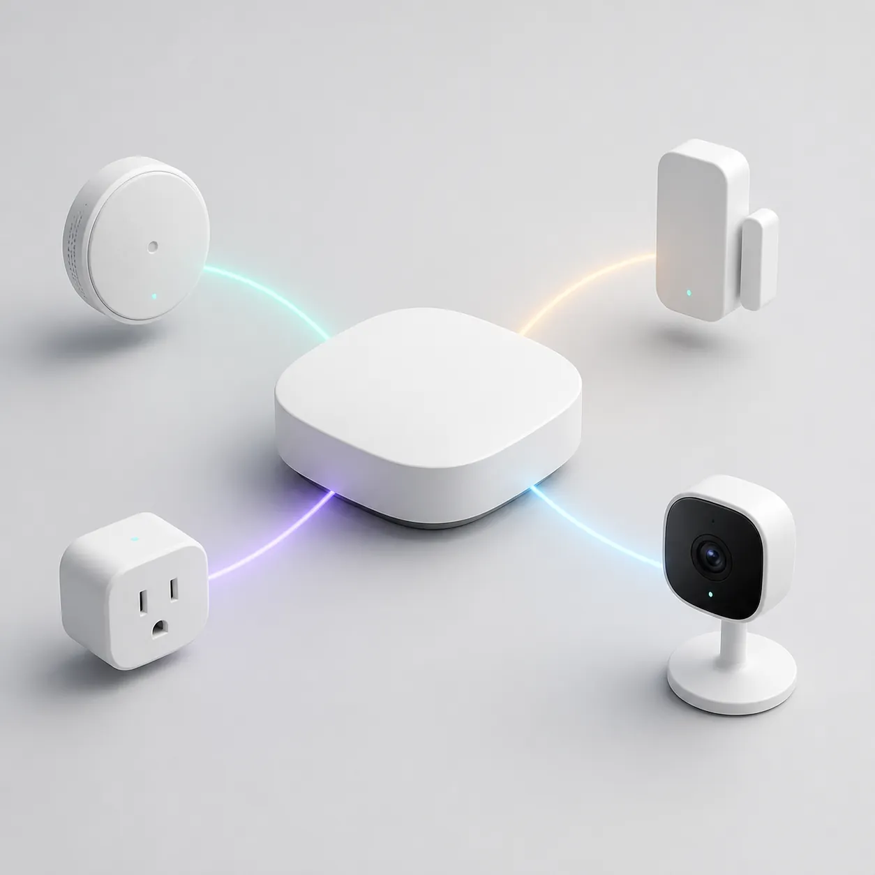 Smart-home hub connected to devices by different colored protocol arcs