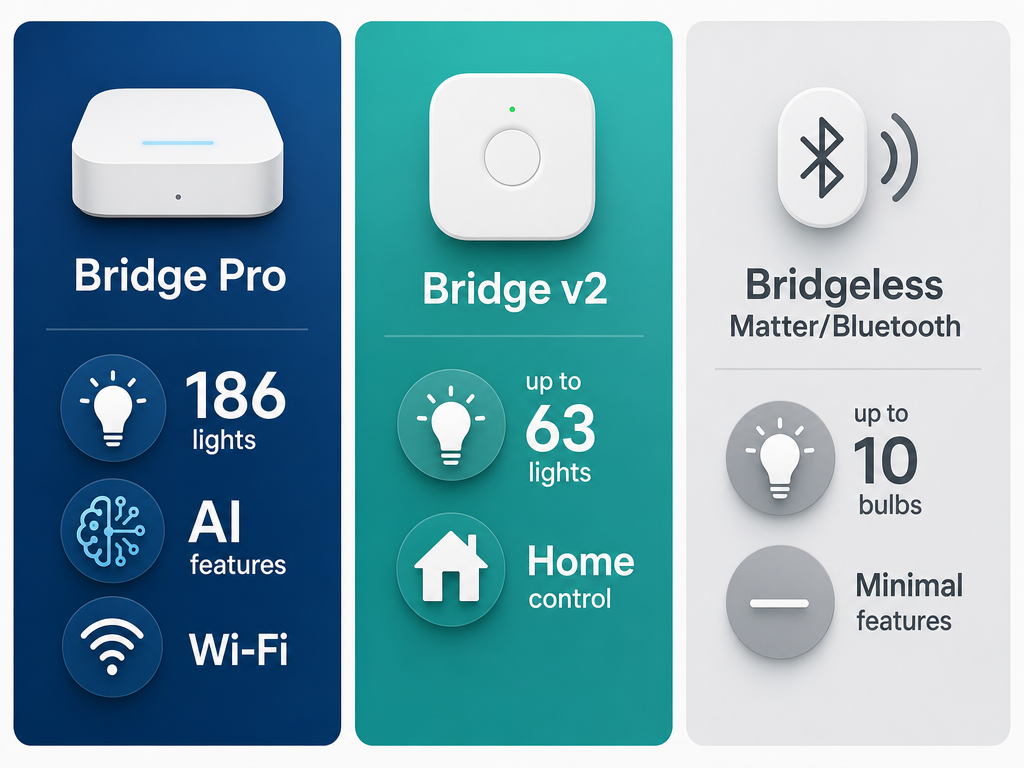 A flat editorial illustration showing three smart lighting setup paths side by side: Bridge Pro for 186 lights and AI features, Bridge v2 for up to 63 lights, and Bridgeless Matter/Bluetooth for up to 10 bulbs.