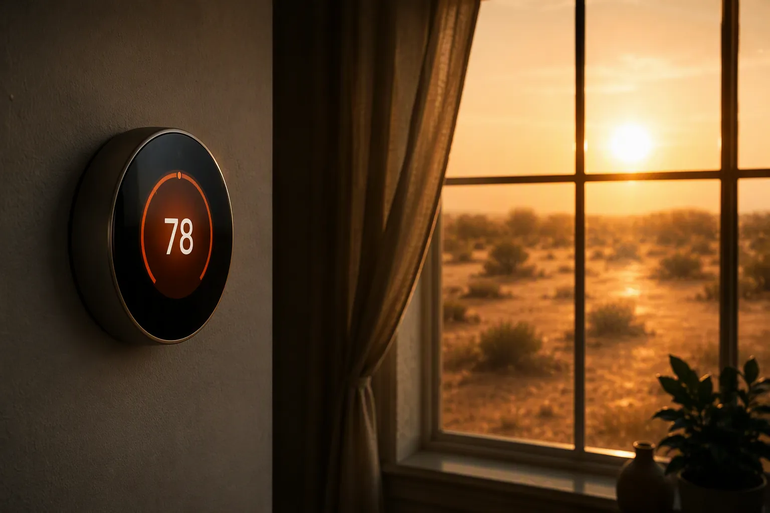 Smart thermostat on a wall during a blazing Texas afternoon