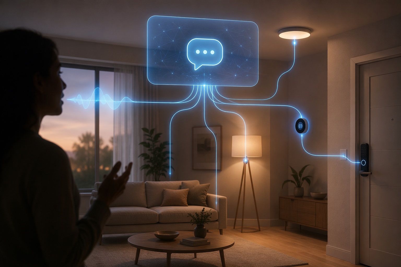 Modern living room devices connected to a floating AI command interface