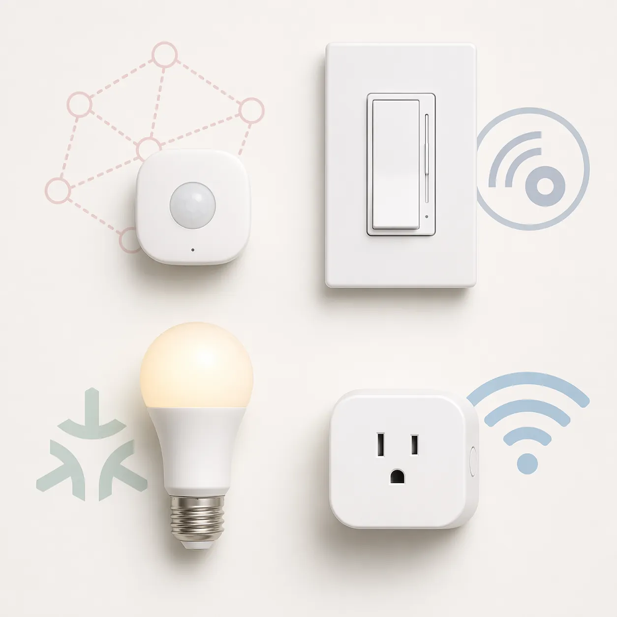 Flat-lay comparison of a Zigbee battery sensor, Z-Wave wall switch, Matter Thread smart bulb, and Wi-Fi smart plug