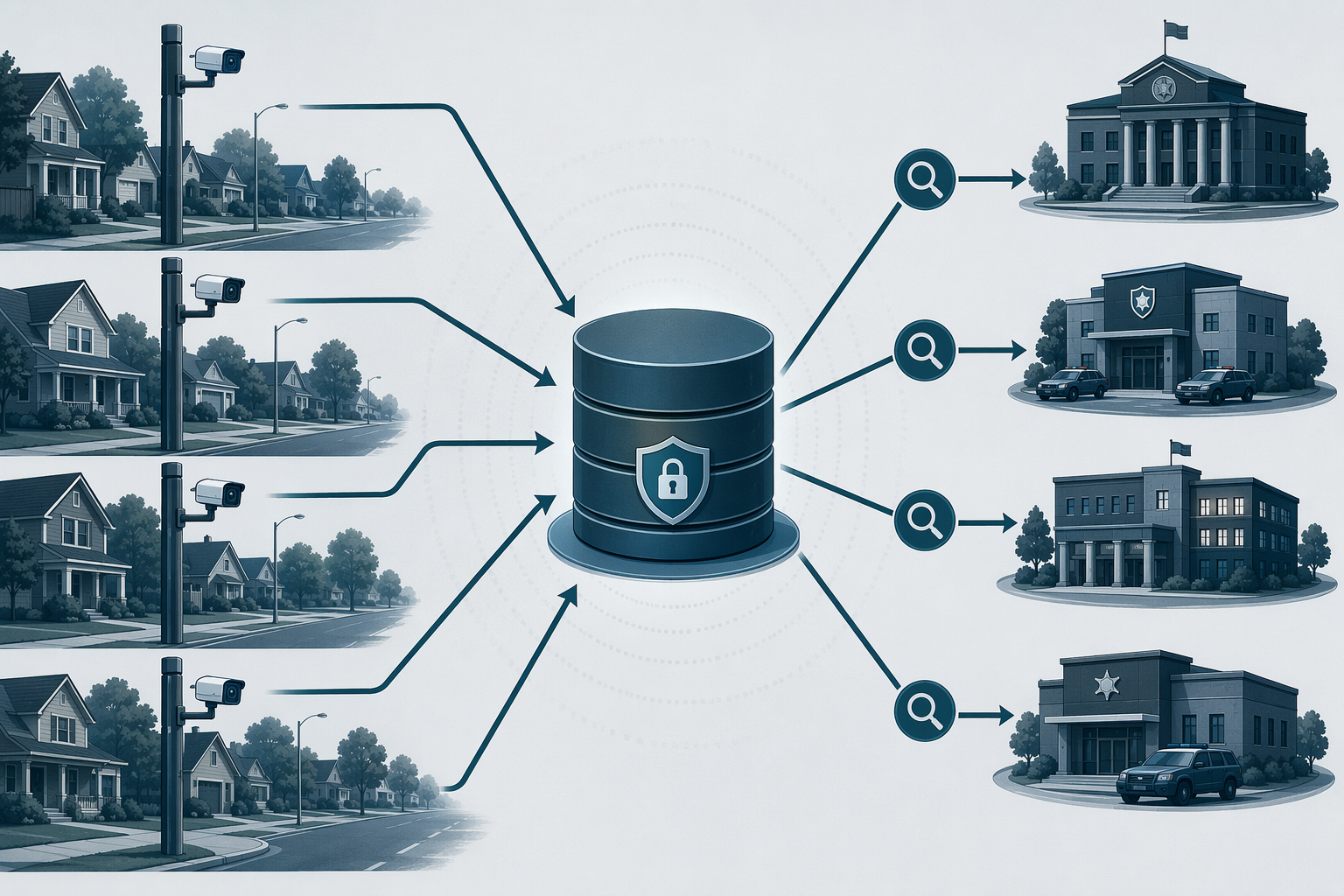 Diagram of residential street cameras feeding a searchable database used by law enforcement agencies