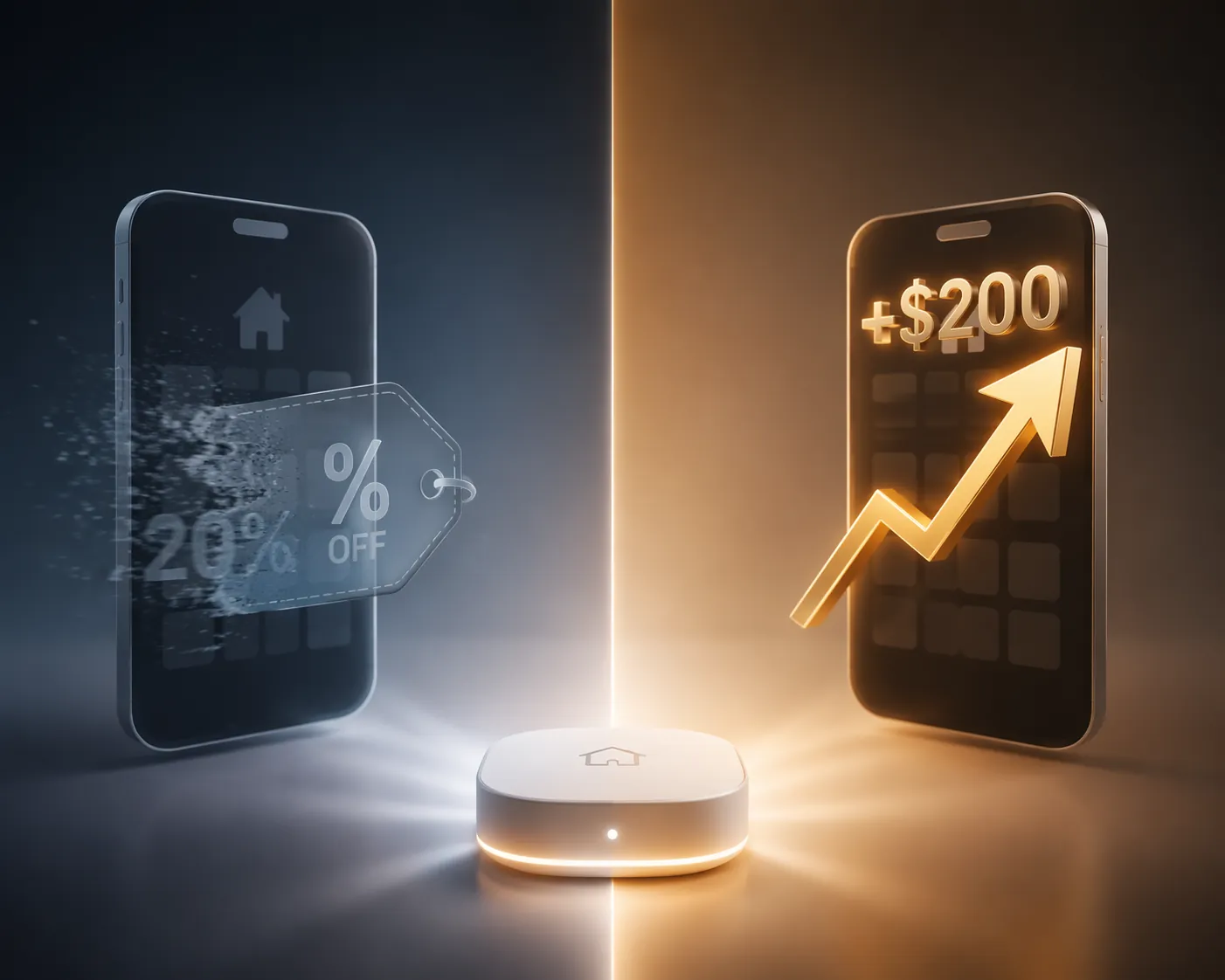 Split visual contrasting a misleading 20% off component-cost headline with a rising 200 dollar consumer price increase and a small smart home hub between them