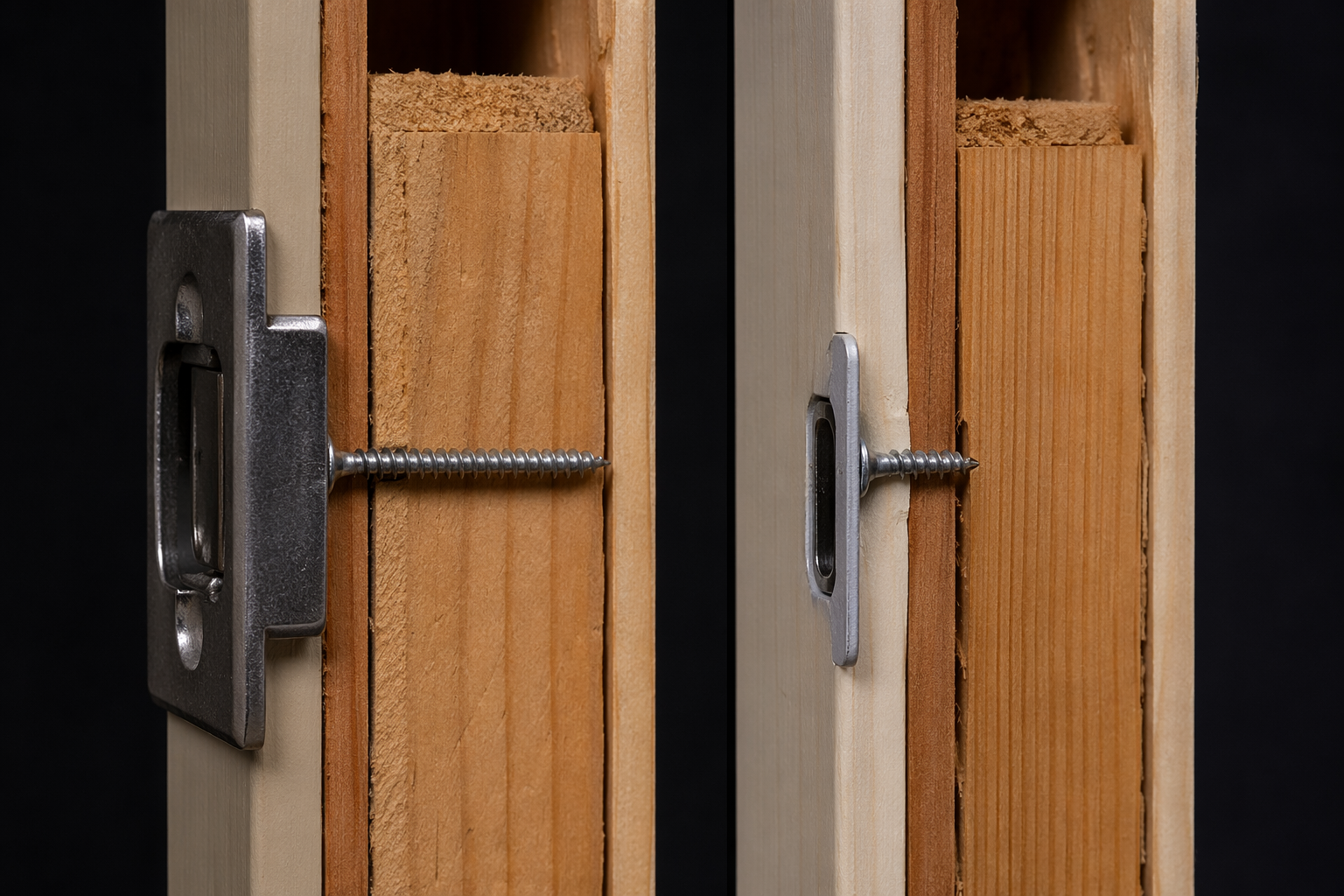 Cross-section of a thick strike plate with a long screw anchored deep into framing beside a thin strike plate with a short screw in trim