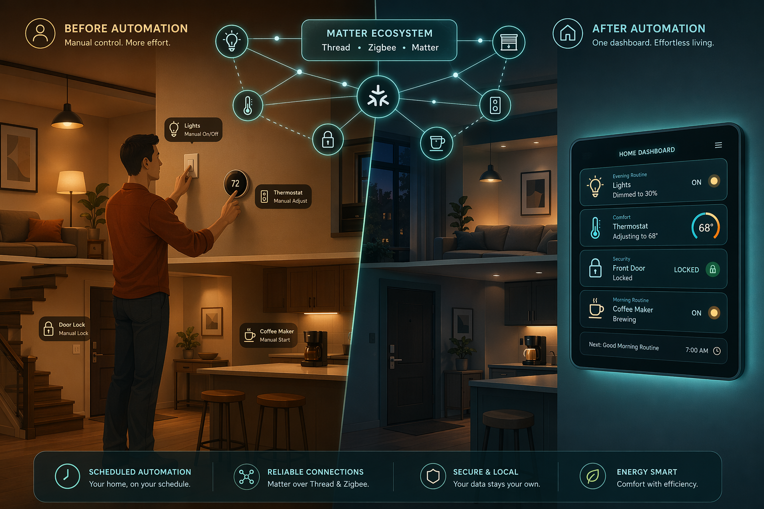 Split-view illustration of a home interior: manual operation on the left, automated routines on the right with a dashboard and network overlay.