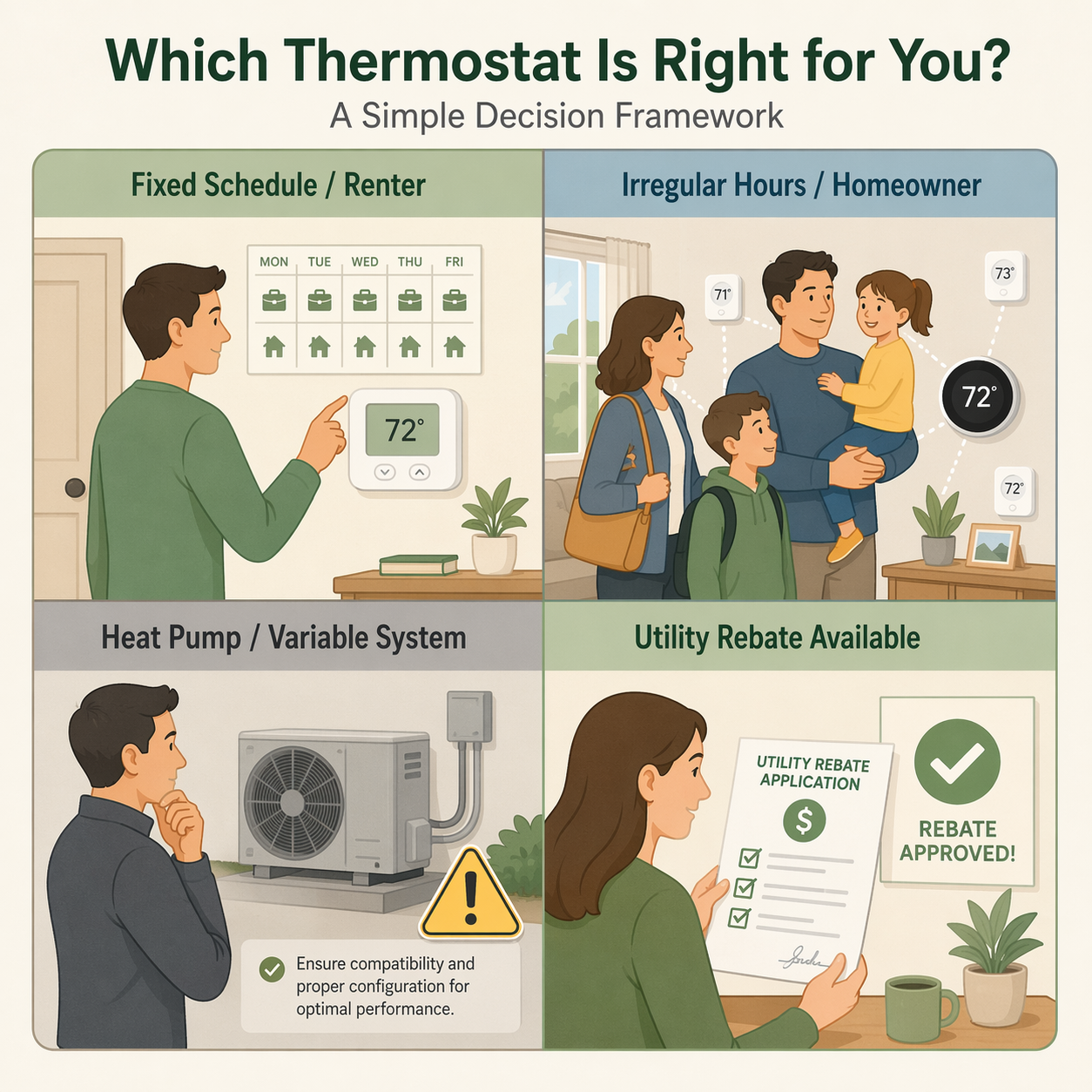 2x2 decision matrix for thermostat choice. Top-left quadrant shows a person with a fixed daily schedule next to a simple thermostat; top-right quadrant shows a family with varying schedules near sensor icons; bottom-left quadrant shows a person beside a heat pump with a caution symbol; bottom-right quadrant shows a person reviewing a utility rebate form with a checkmark.