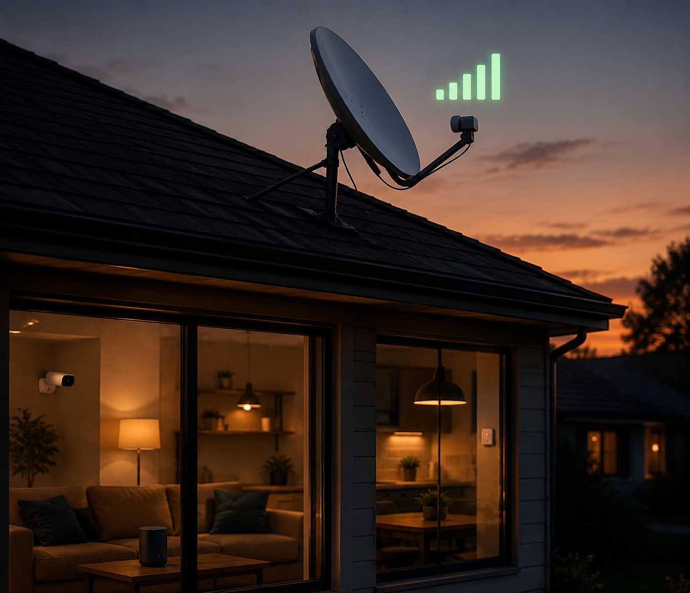 House with satellite dish and smart home devices still showing disconnected after internet returns