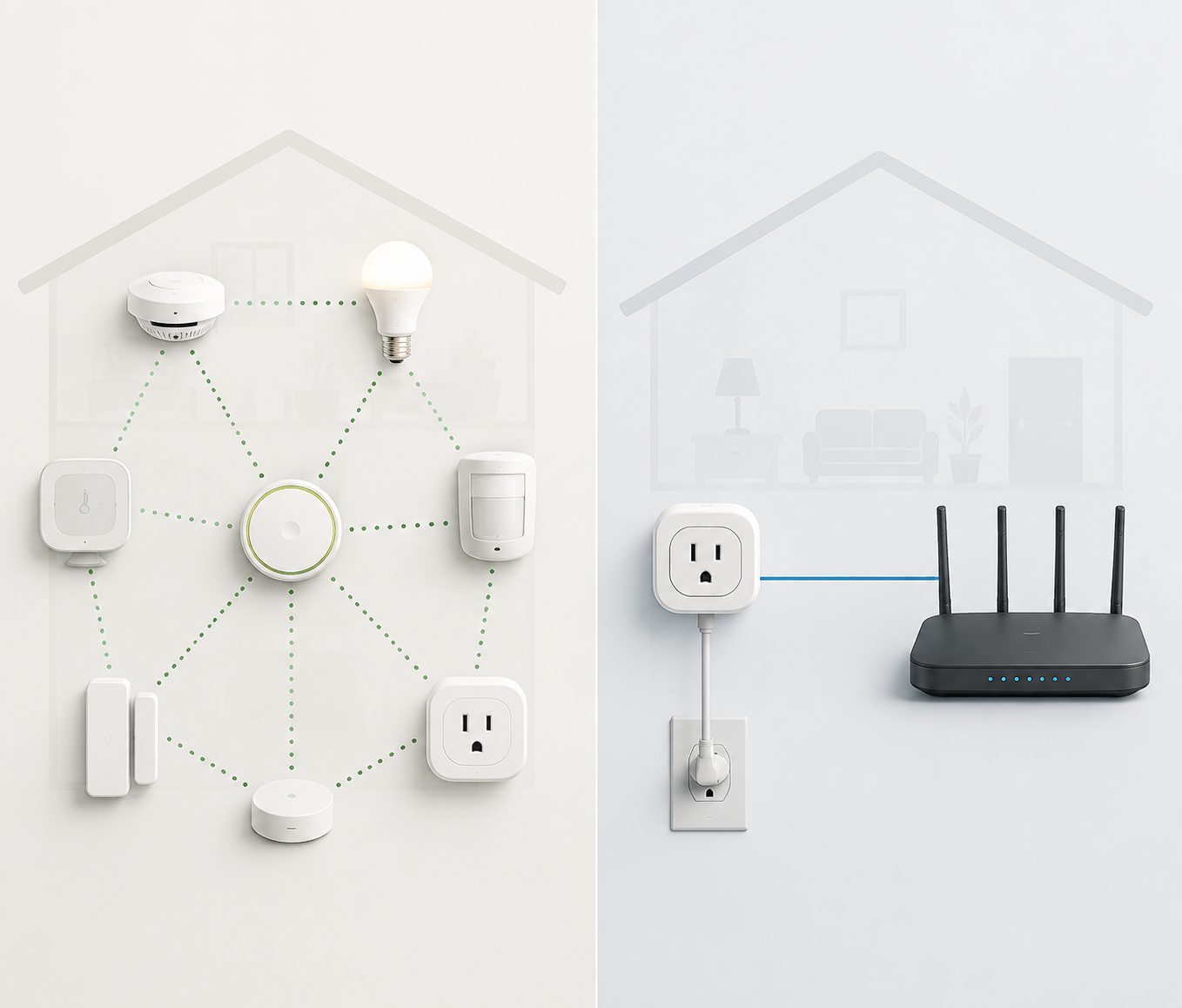 Split visual comparing a Thread device connected through a mesh and border router with a Wi-Fi device connected directly to a router