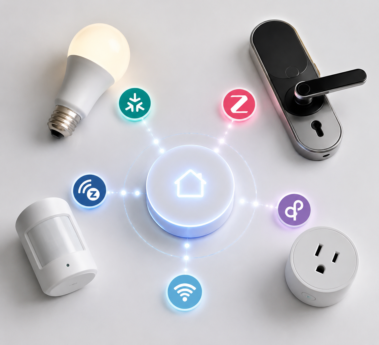 Smart home devices connected to a central hub with protocol badges for compatibility verification