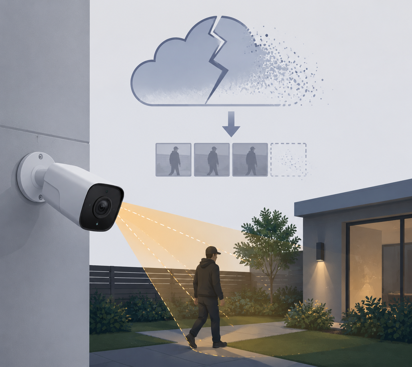 Security camera with a cracked cloud icon and fading recordings