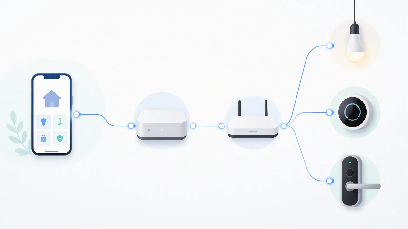Smart-home system map showing a phone connected to a hub and router, which then connect to lights, thermostat, and door lock
