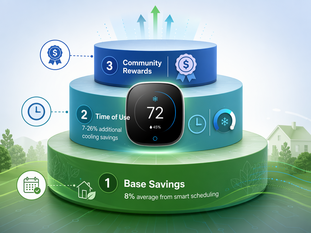Stacked savings layers showing smart scheduling, Time of Use optimization, and Community Energy Savings rewards