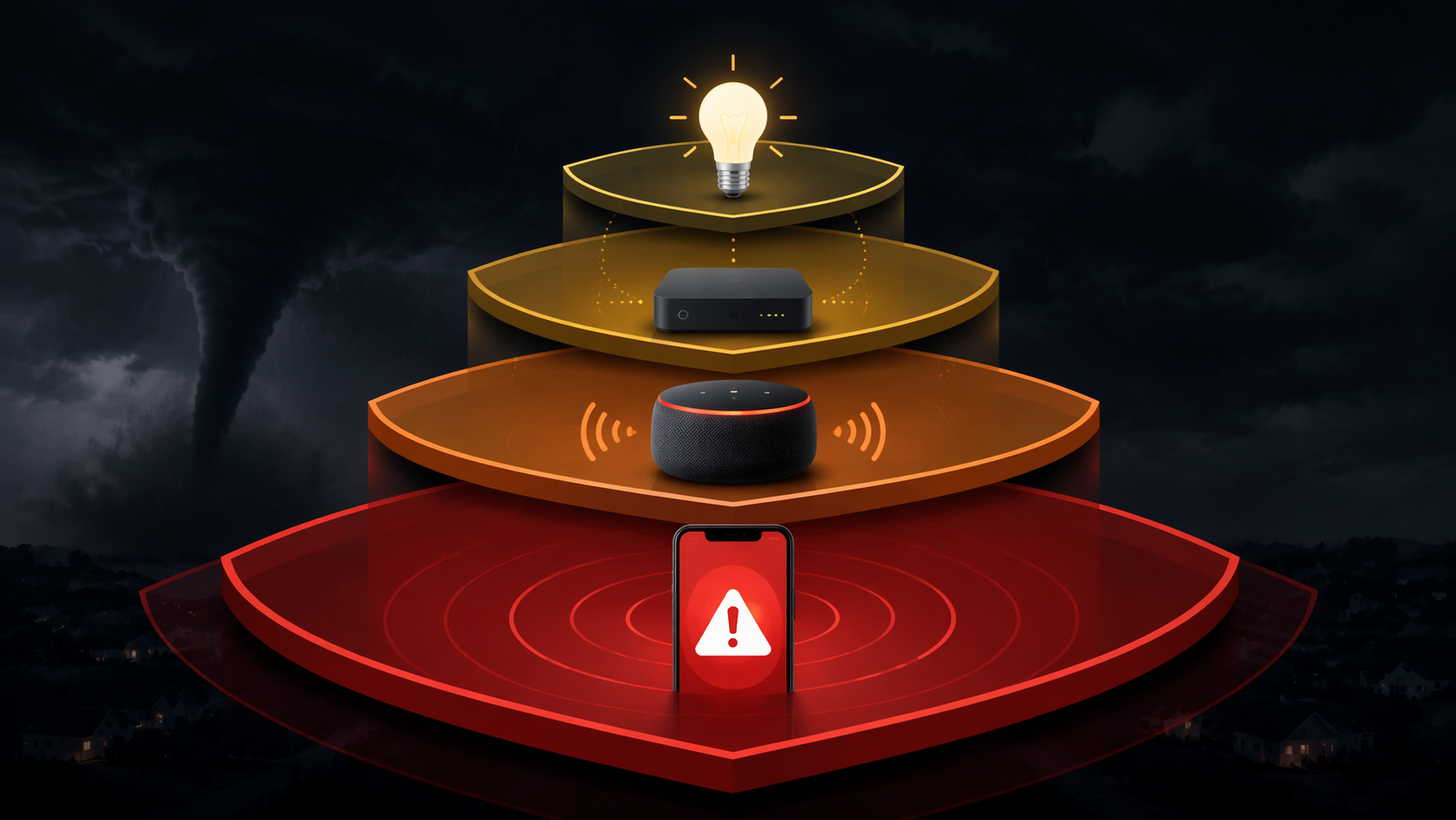 Layered shield diagram showing phone alerts as the base, with smart speaker, hub, and light layers above it