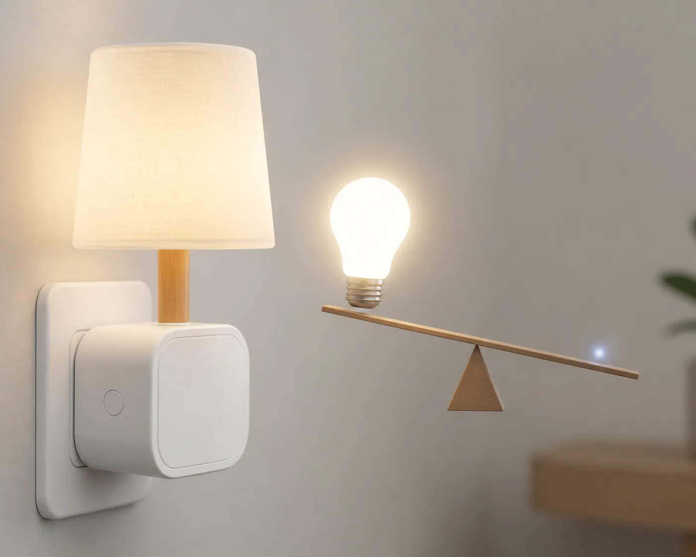 Smart plug and lamp beside a balance comparing switched load with the plug’s own standby draw