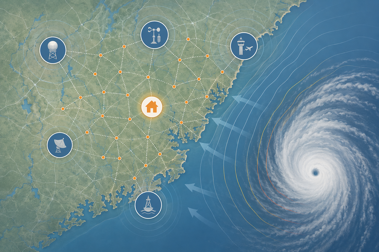 A coastal map showing widely spaced official weather stations and personal weather stations filling local data gaps as a hurricane approaches